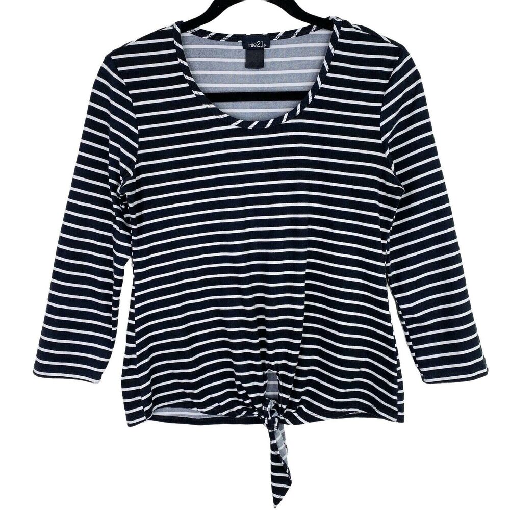 Rue 21 Striped Tie Front Black White T-Shirt Tee Top Shirt Size Small S Womens